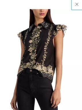 Alice + Olivia Black Floral Button-Up Ruffle Sleeve Blouse